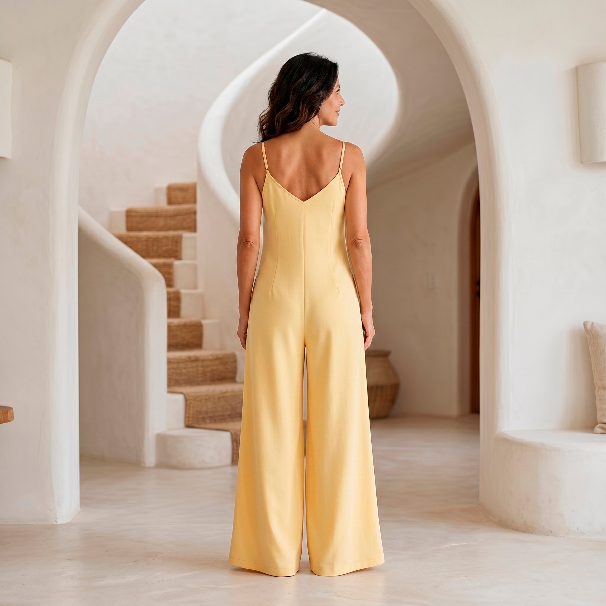 Macacão Longo Pantalona Decote V — Amarelo