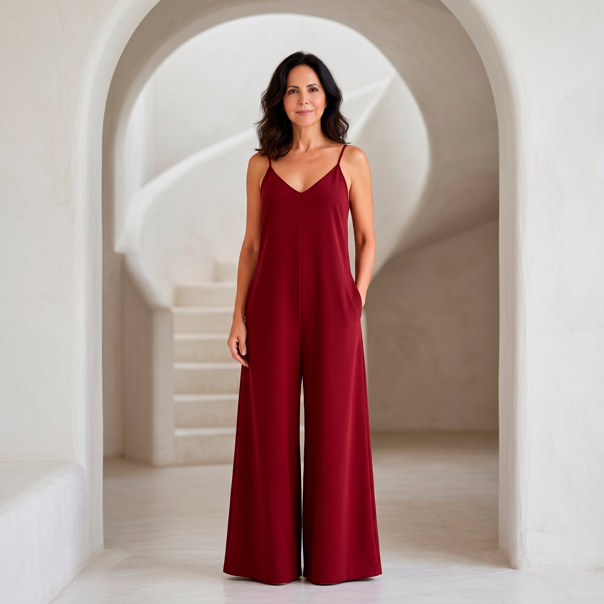Macacão Longo Pantalona Decote V — Bordô