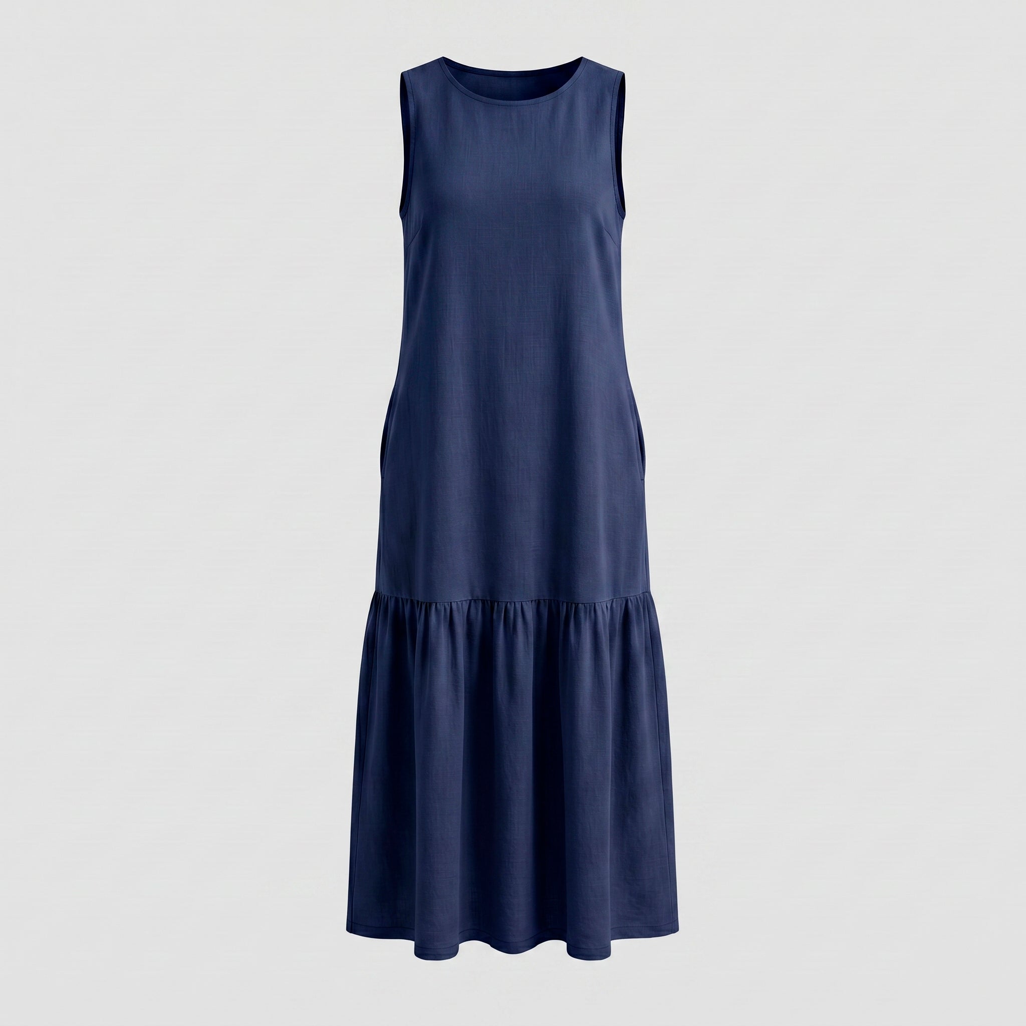 Vestido Longo Gola Careca com Babado — Azul Marinho