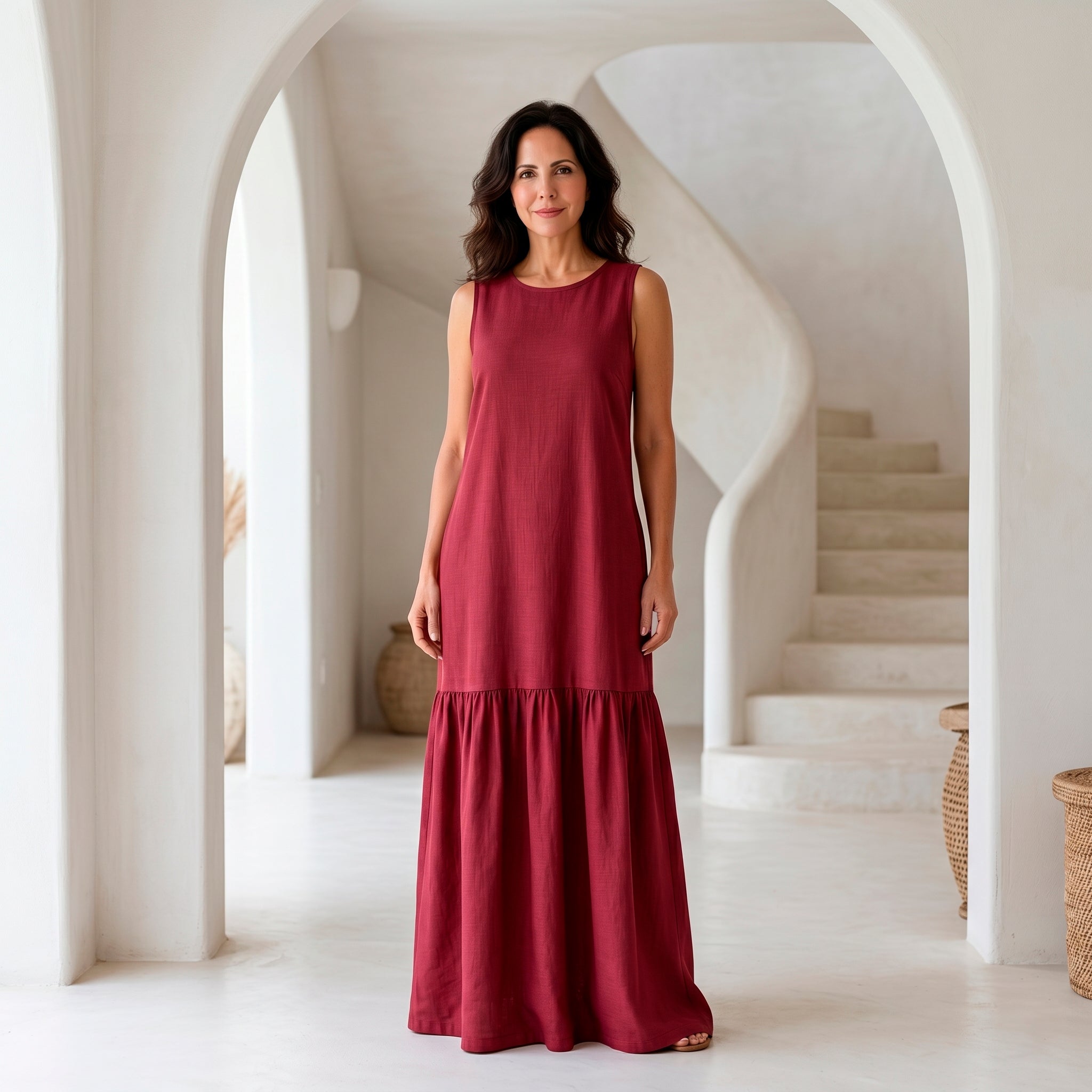 Vestido Longo Gola Careca com Babado — Bordô