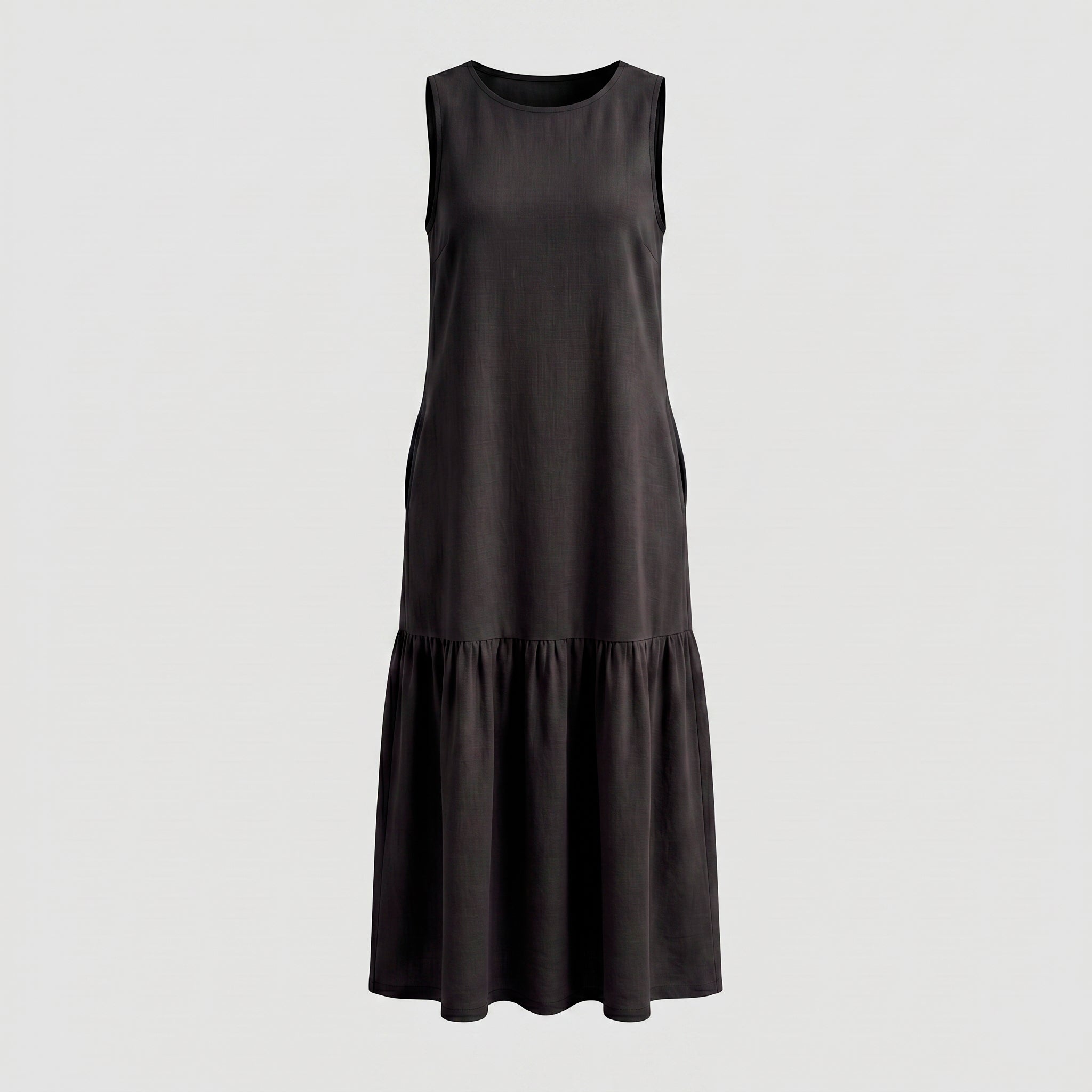 Vestido Longo Gola Careca com Babado — Preto
