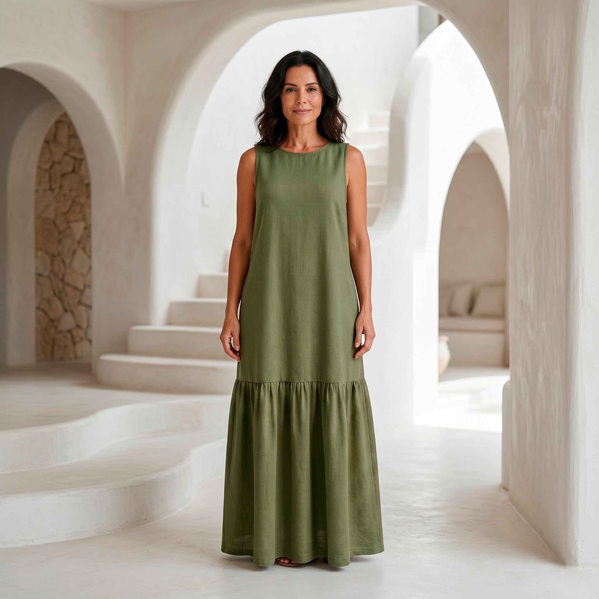 Vestido Longo Gola Careca com Babado — Verde Oliva