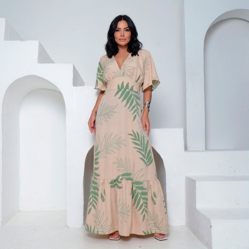 Vestido Longo Tropical Decote V — Bege