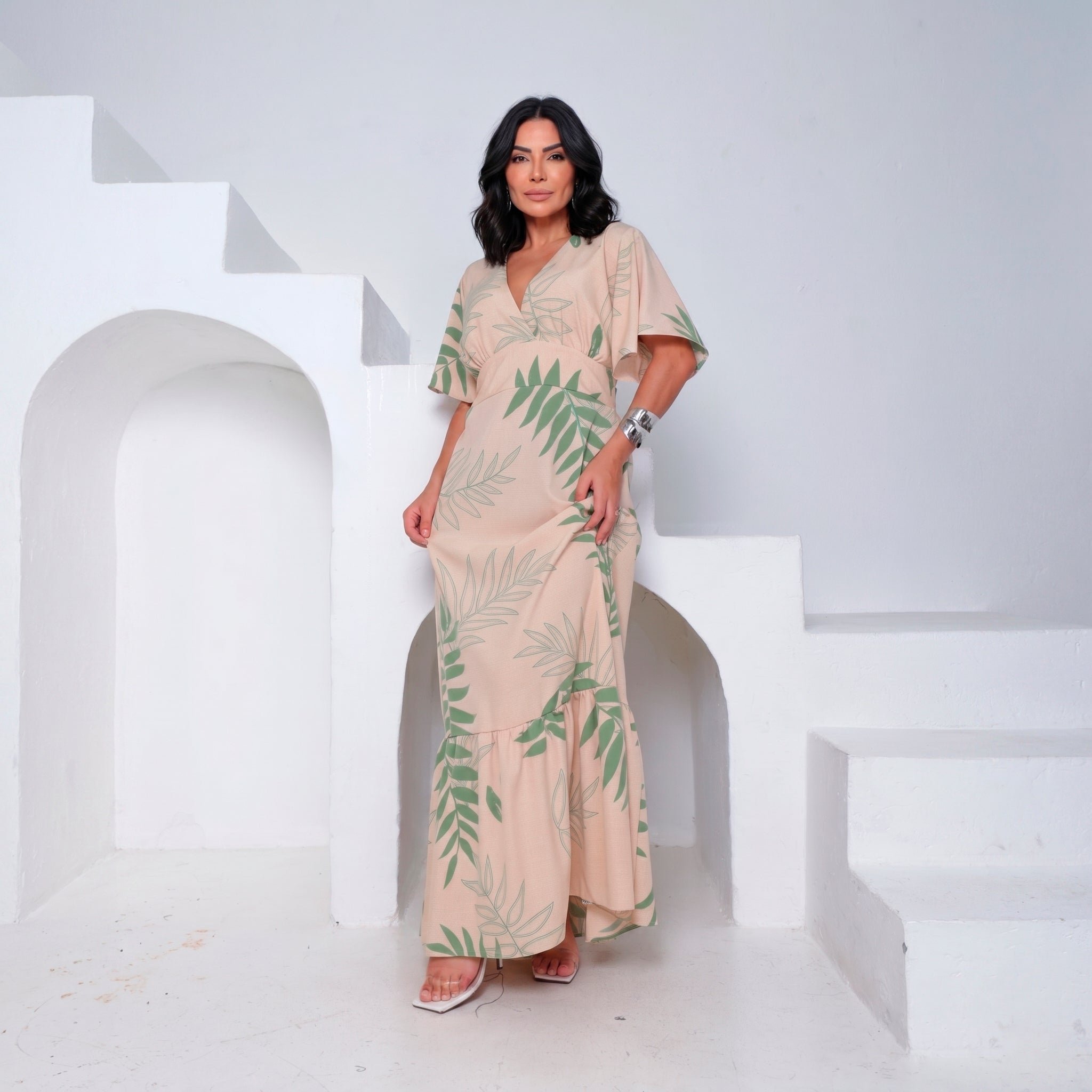 Vestido Longo Tropical Decote V — Bege