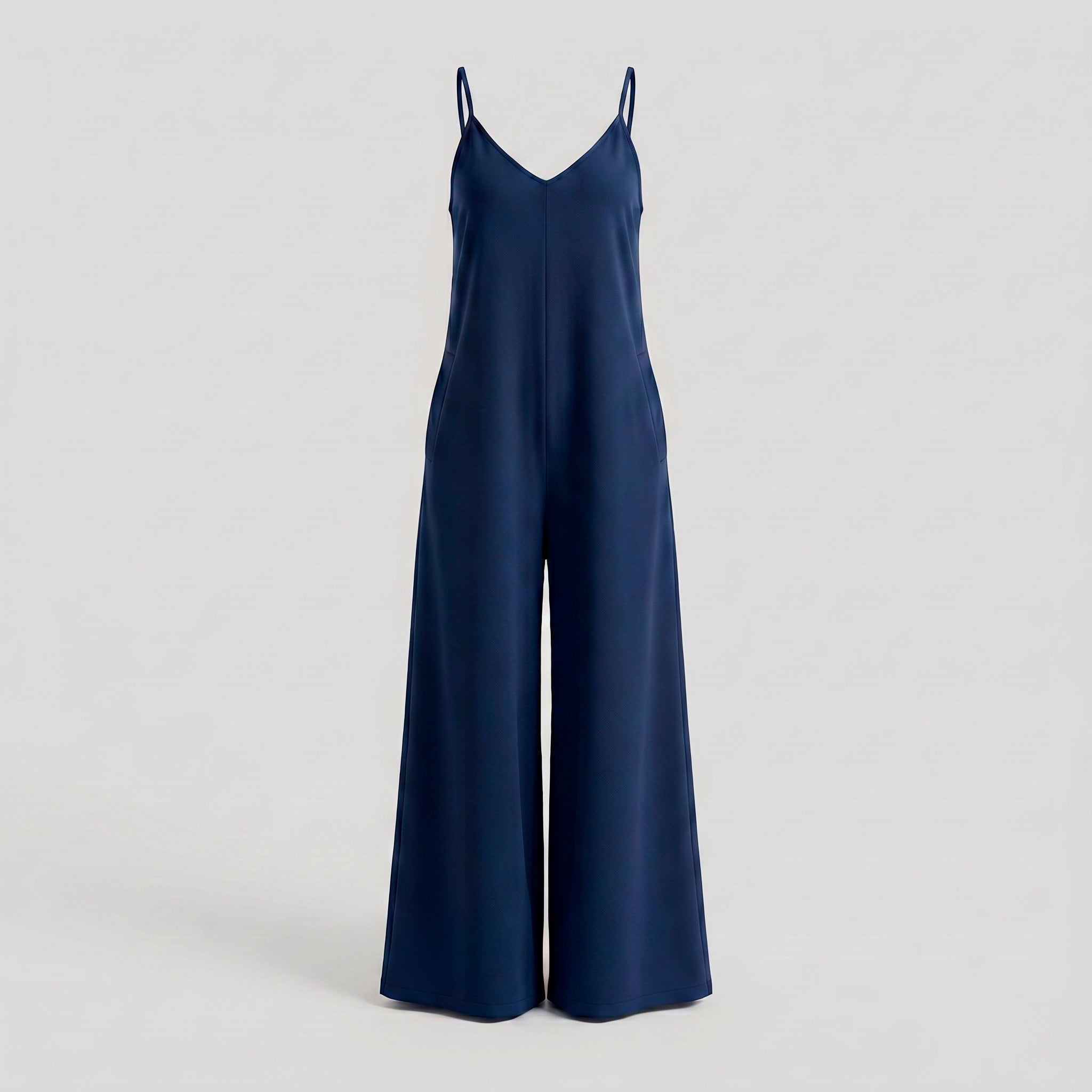 Macacão Longo Pantalona Decote V — Azul Marinho