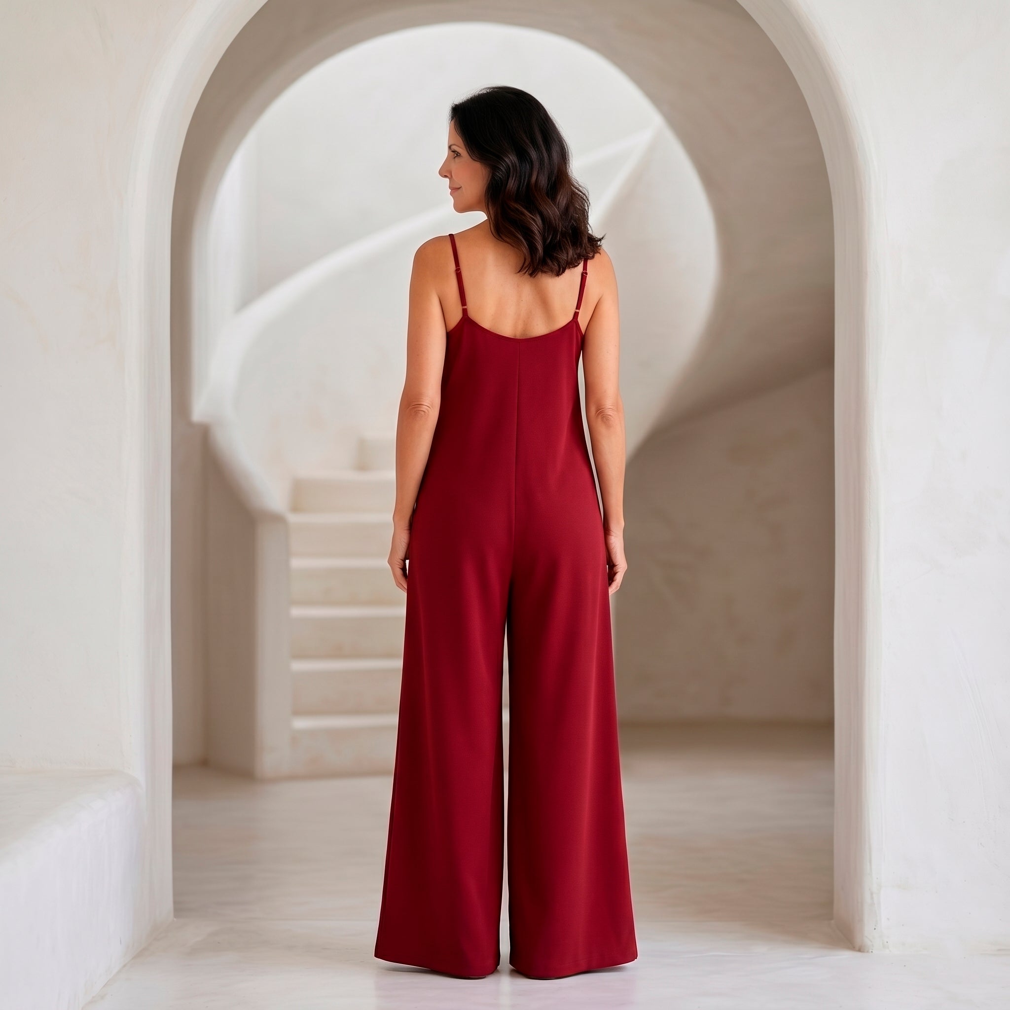 Macacão Longo Pantalona Decote V — Bordô