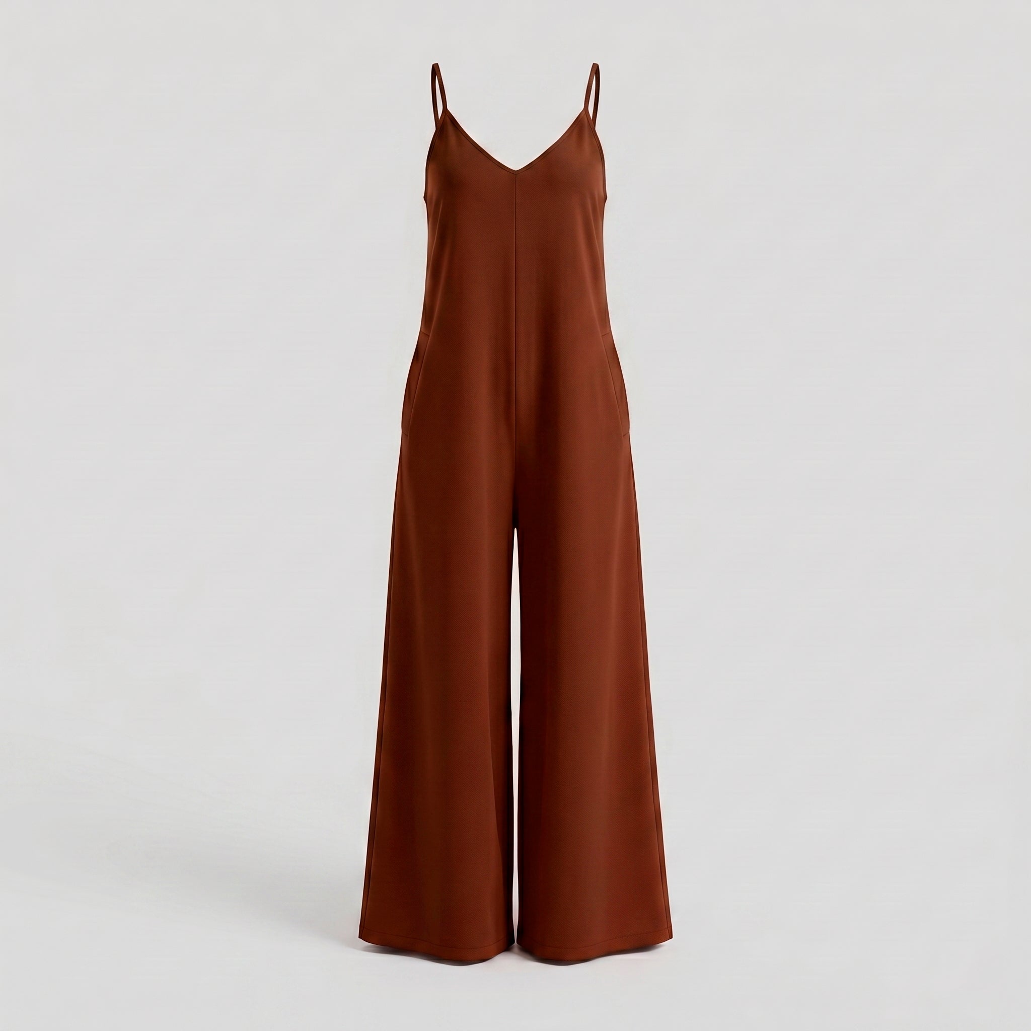 Macacão Longo Pantalona Decote V — Marrom