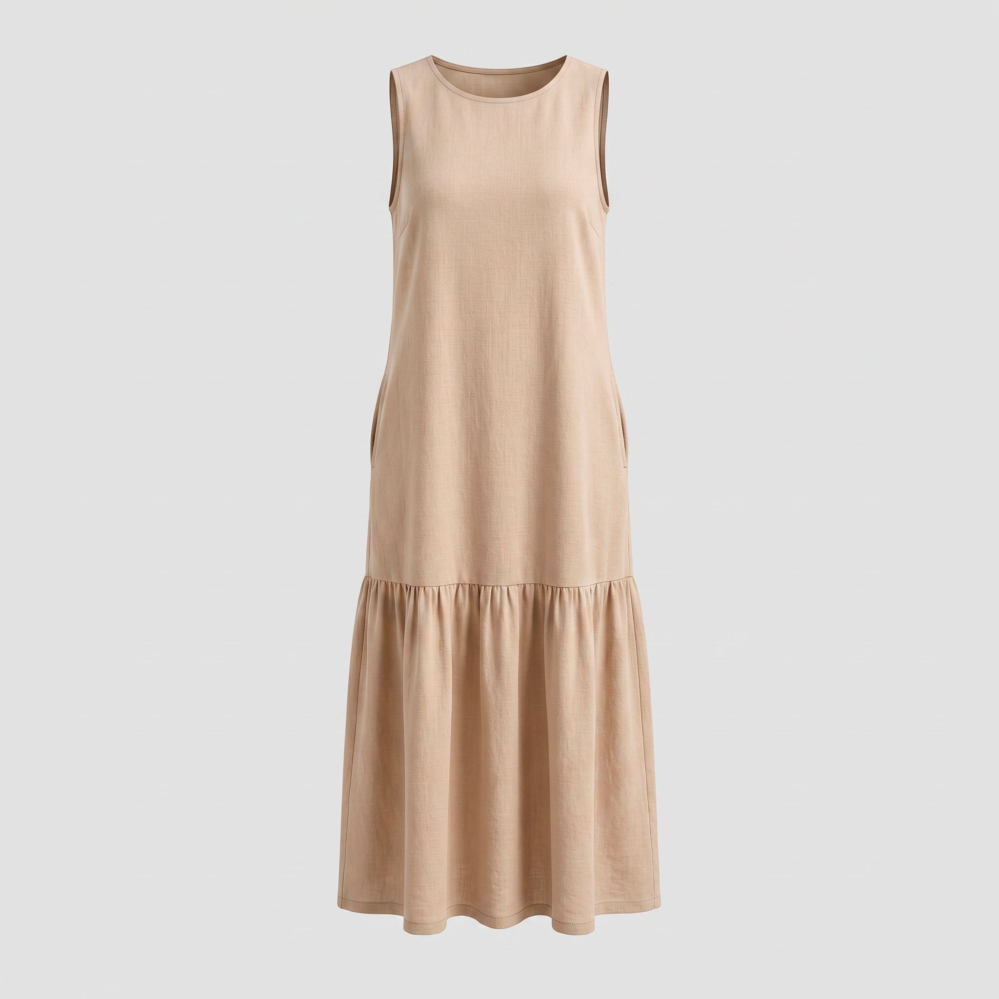 Vestido Longo Gola Careca com Babado — Bege