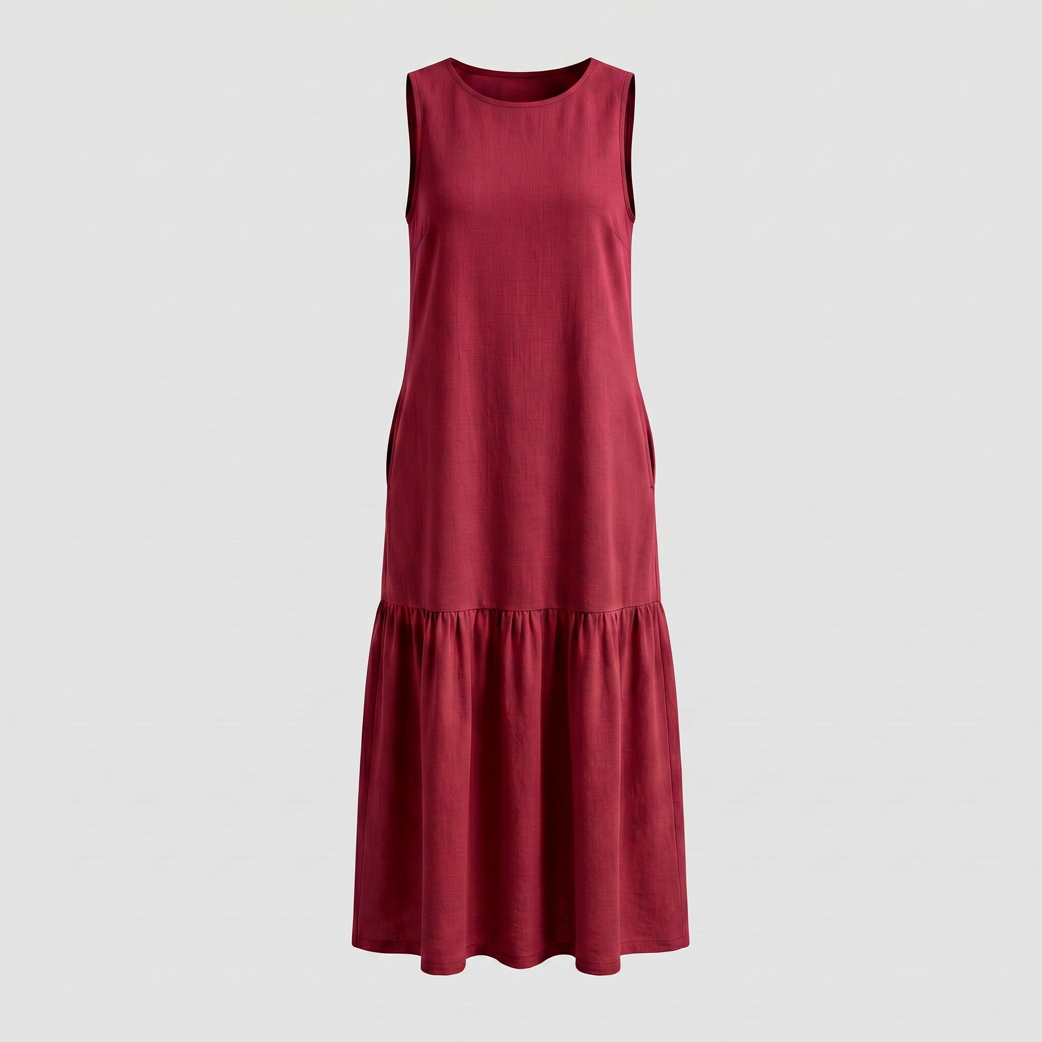 Vestido Longo Gola Careca com Babado — Bordô