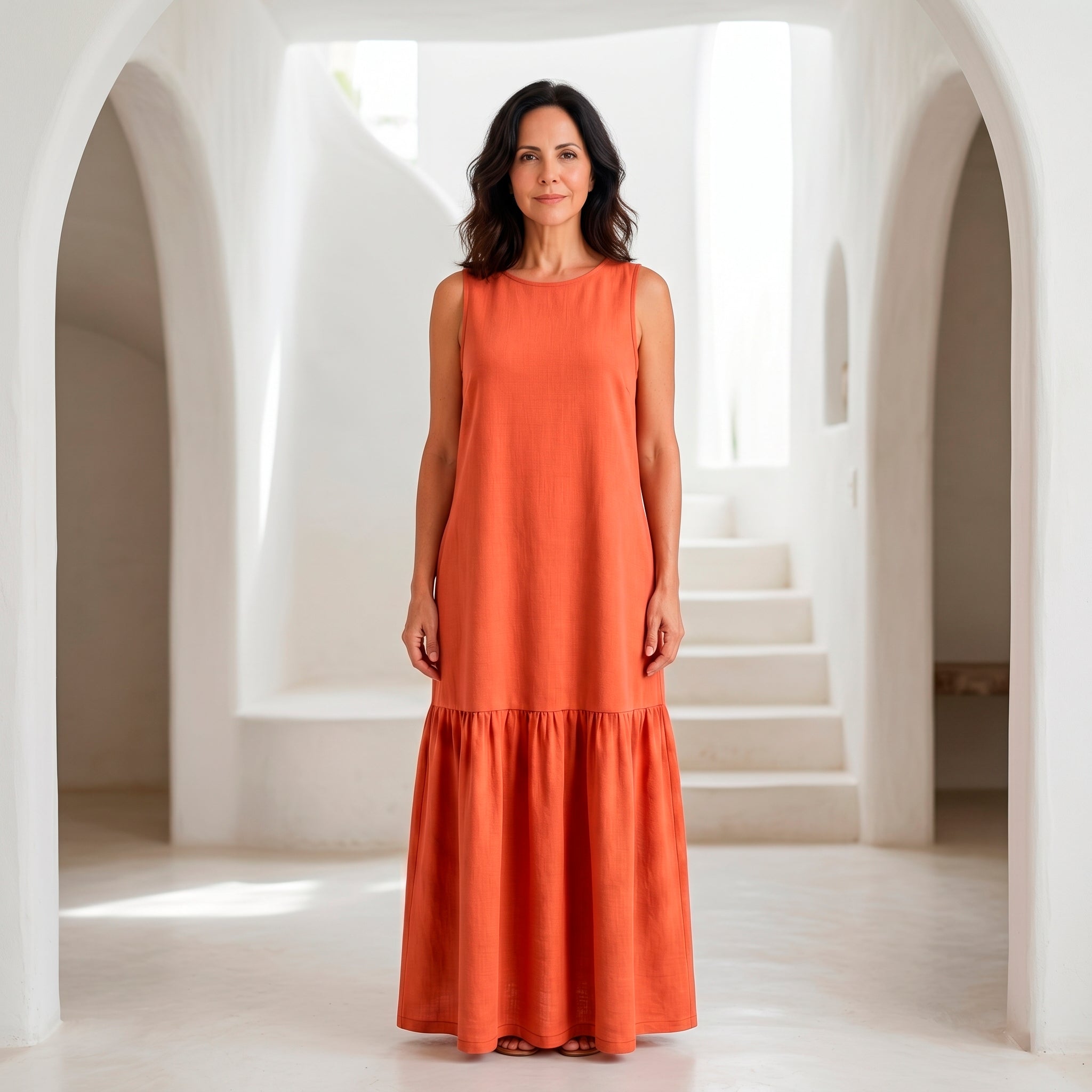 Vestido Longo Gola Careca com Babado — Terracota