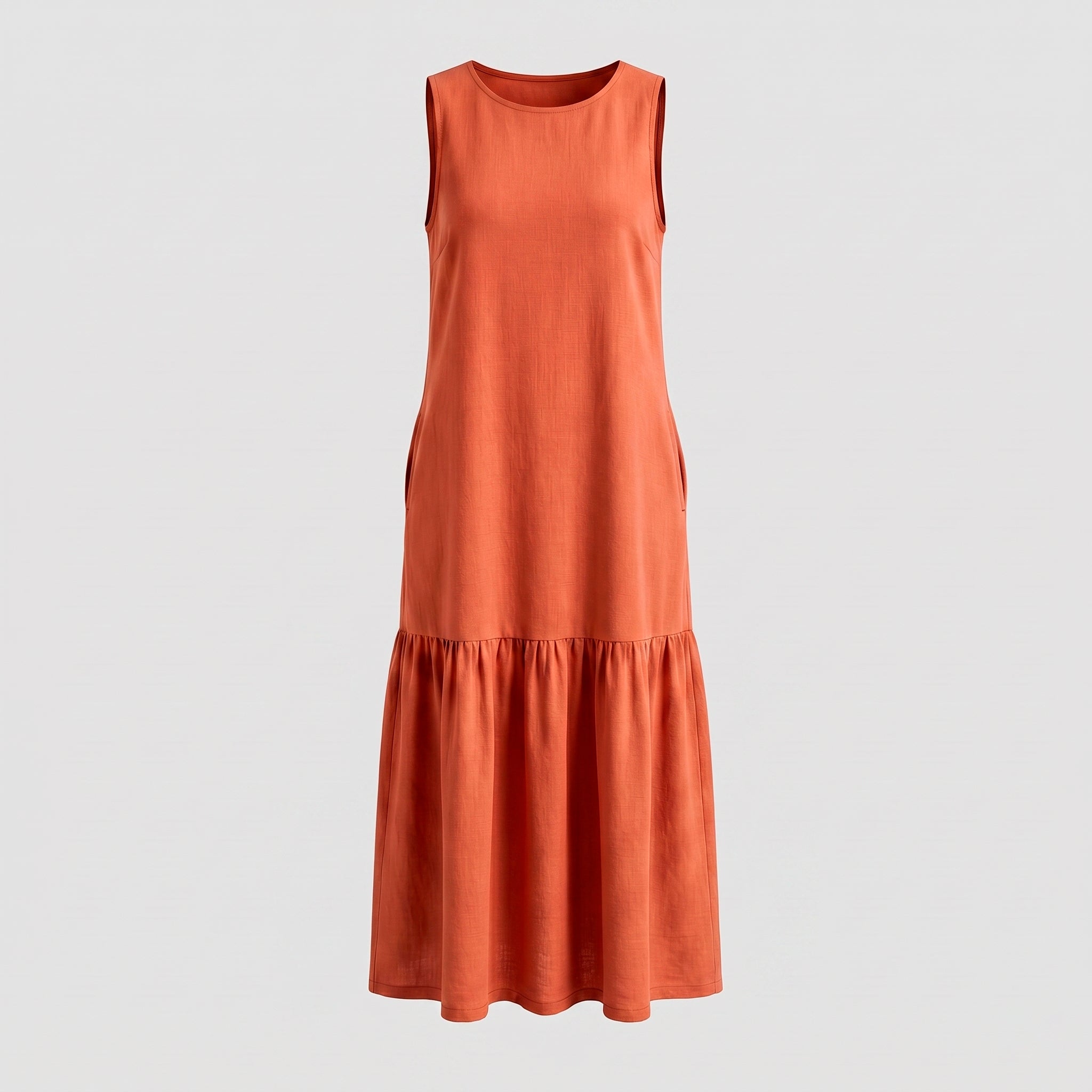 Vestido Longo Gola Careca com Babado — Terracota