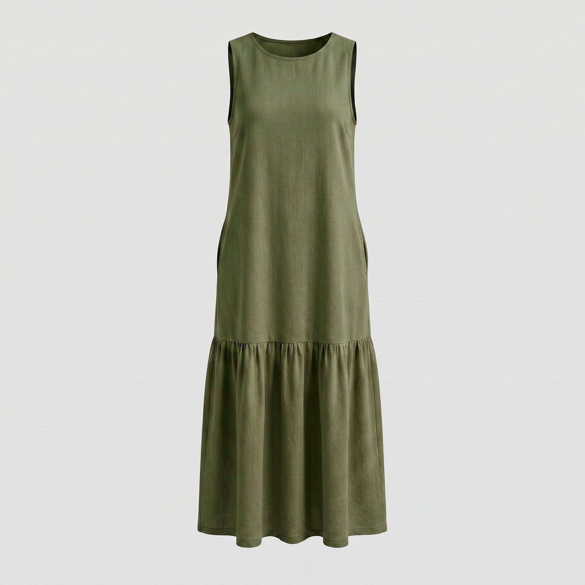 Vestido Longo Gola Careca com Babado — Verde Oliva