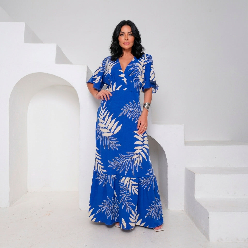 Vestido Longo Tropical Decote V — Azul