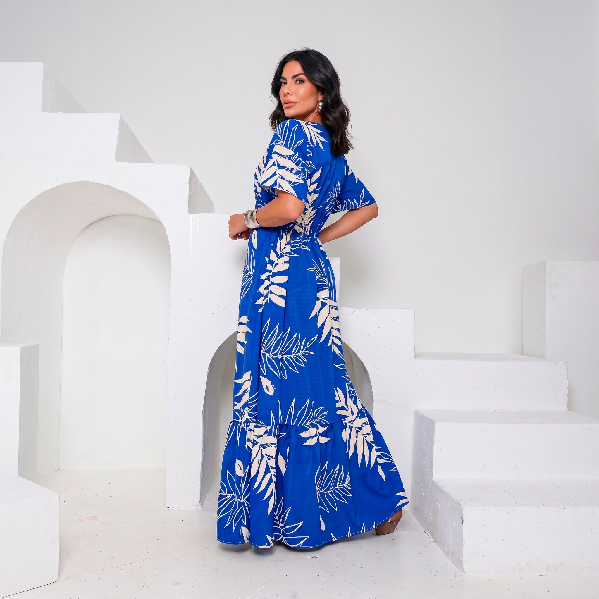 Vestido Longo Tropical Decote V — Azul