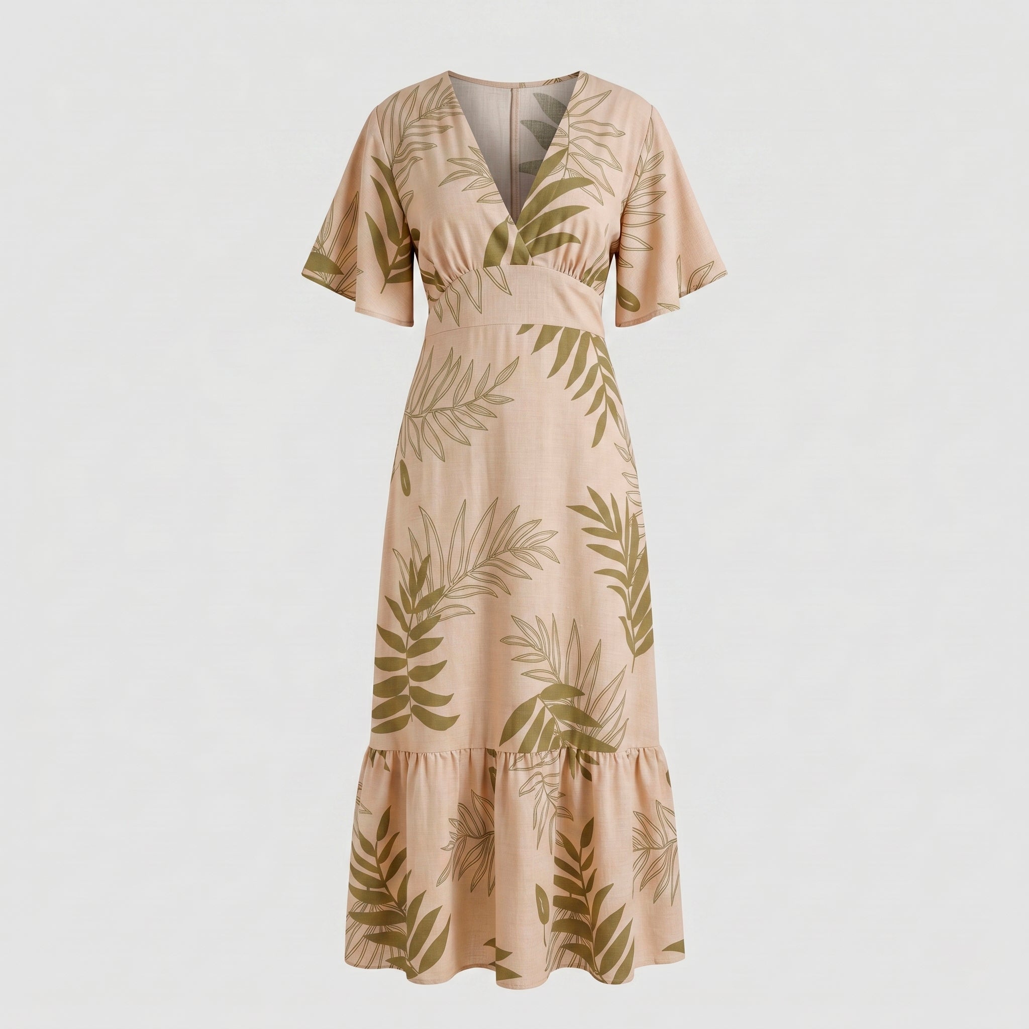Vestido Longo Tropical Decote V — Bege