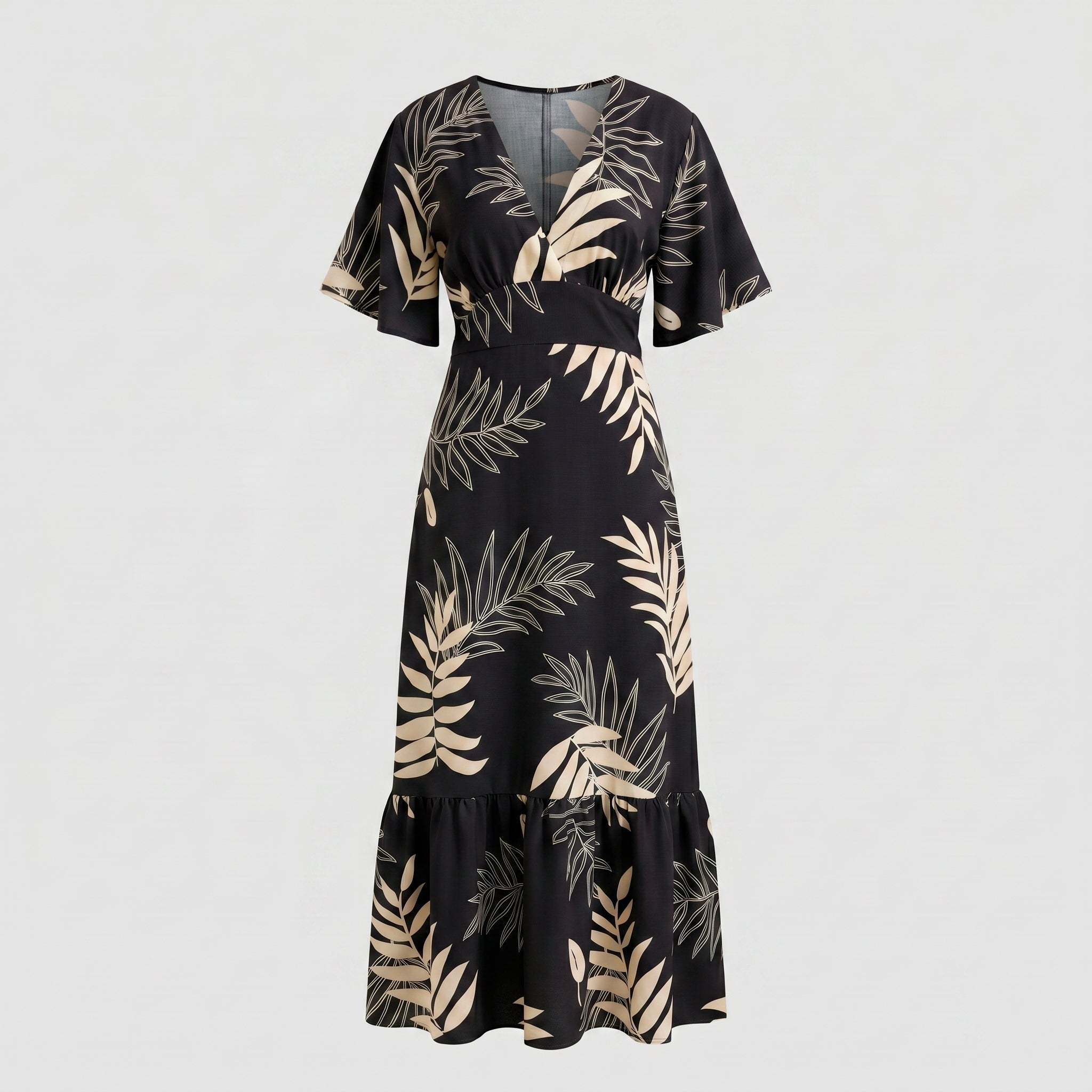 Vestido Longo Tropical Decote V — Preto