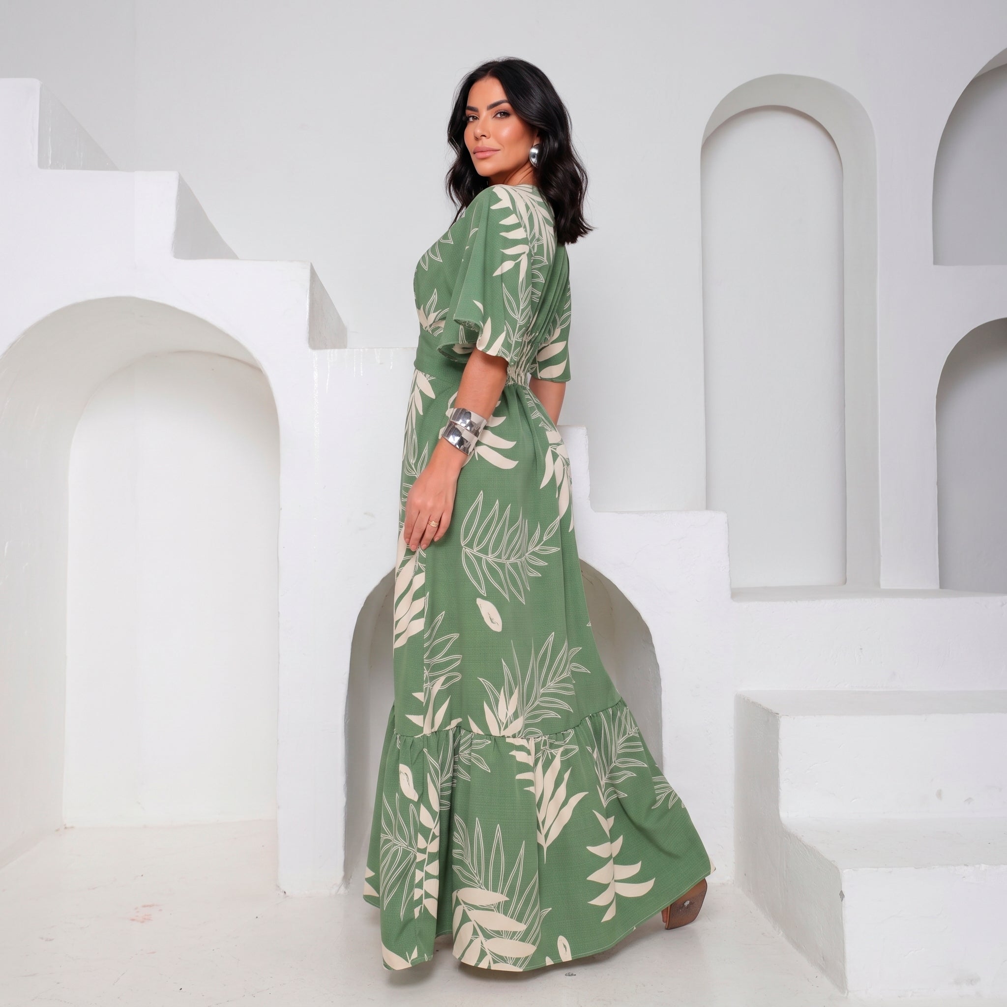 Vestido Longo Tropical Decote V — Verde