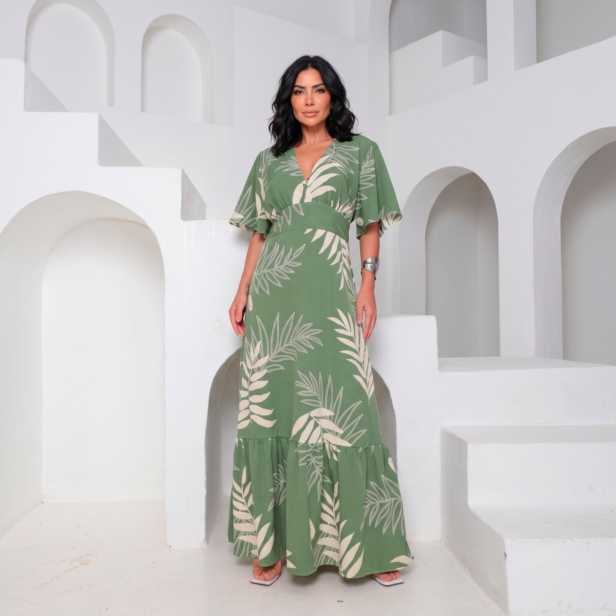 Vestido Longo Tropical Decote V — Verde